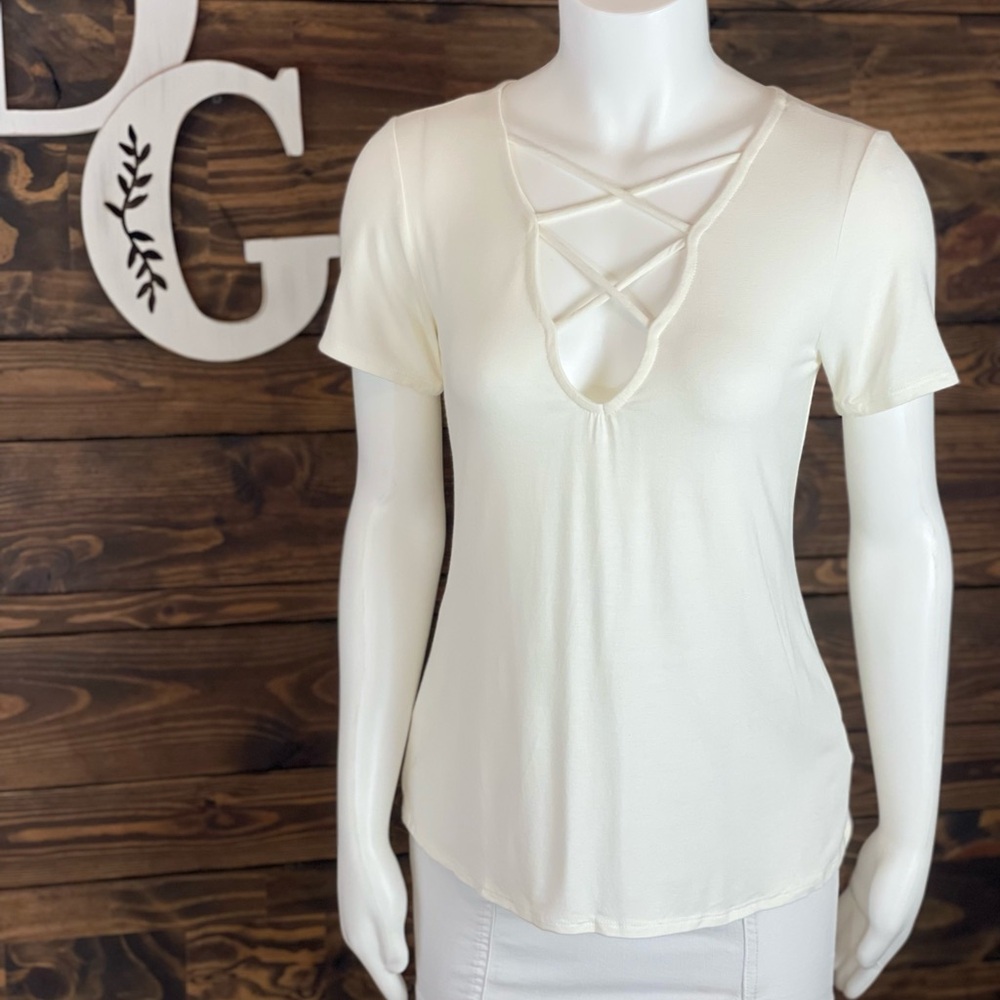 Gianni Bini | Strappy Criss Cross Deep V-Neckline Plunge Neck Short Sleeve Tee